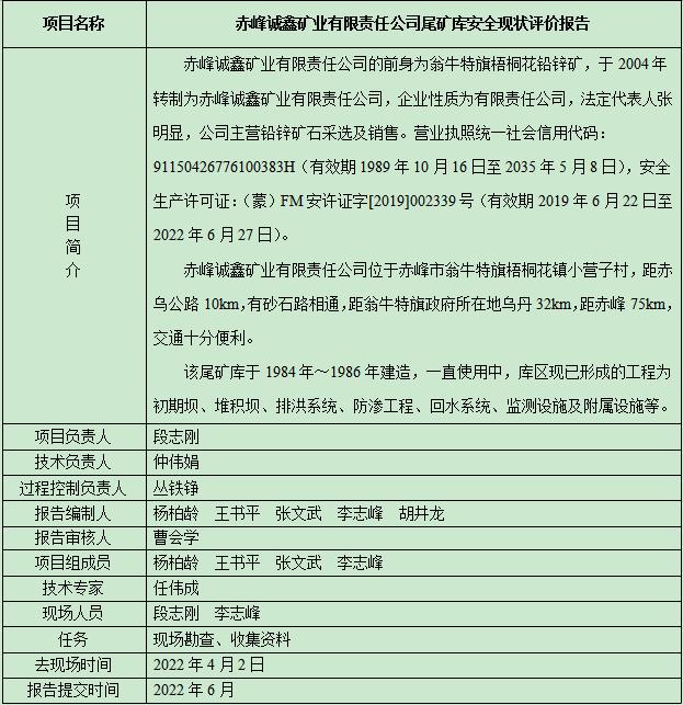 赤峰誠鑫礦業有限責任公司尾礦庫安全現狀評價報告